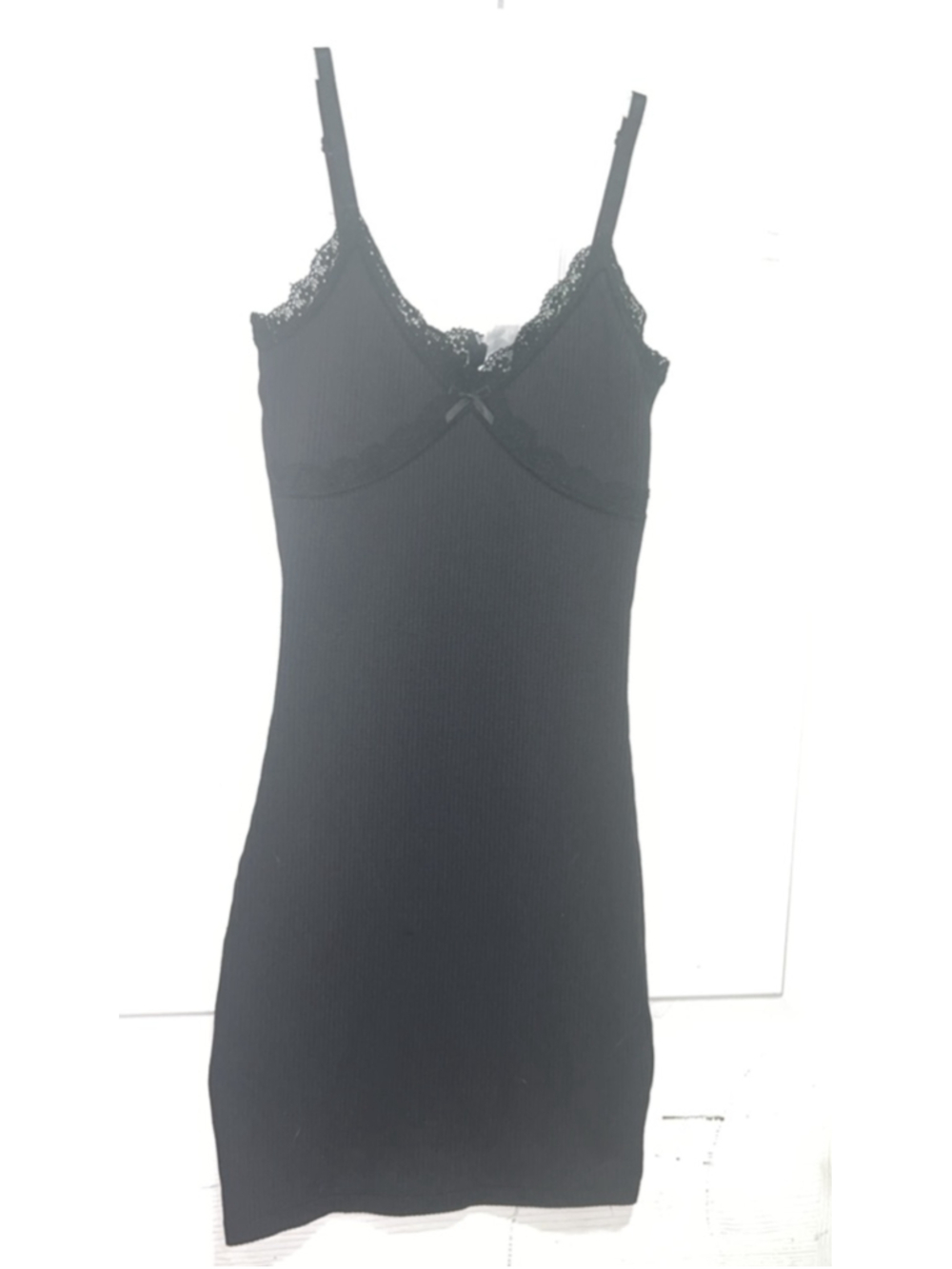Women's Divided Black Ribbed Lace Trim Chemise XXS